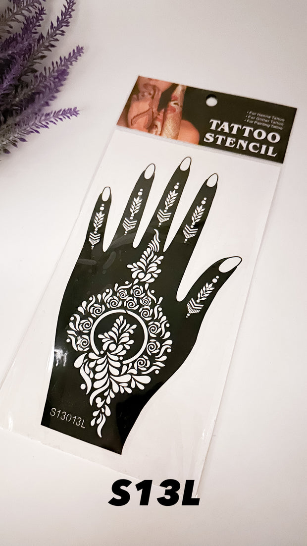 This image shows an Amarya Henna beginner stencil for easy tracing of intricate henna designs. Over ten stencil designs are available for both right and left hands.
