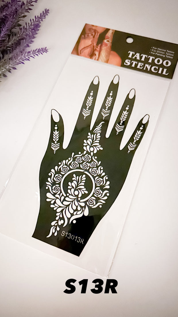 This image shows an Amarya Henna beginner stencil for easy tracing of intricate henna designs. Over ten stencil designs are available for both right and left hands.
