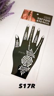 This image shows an Amarya Henna beginner stencil for easy tracing of intricate henna designs. Over ten stencil designs are available for both right and left hands.