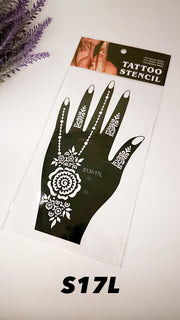 This image shows an Amarya Henna beginner stencil for easy tracing of intricate henna designs. Over ten stencil designs are available for both right and left hands.