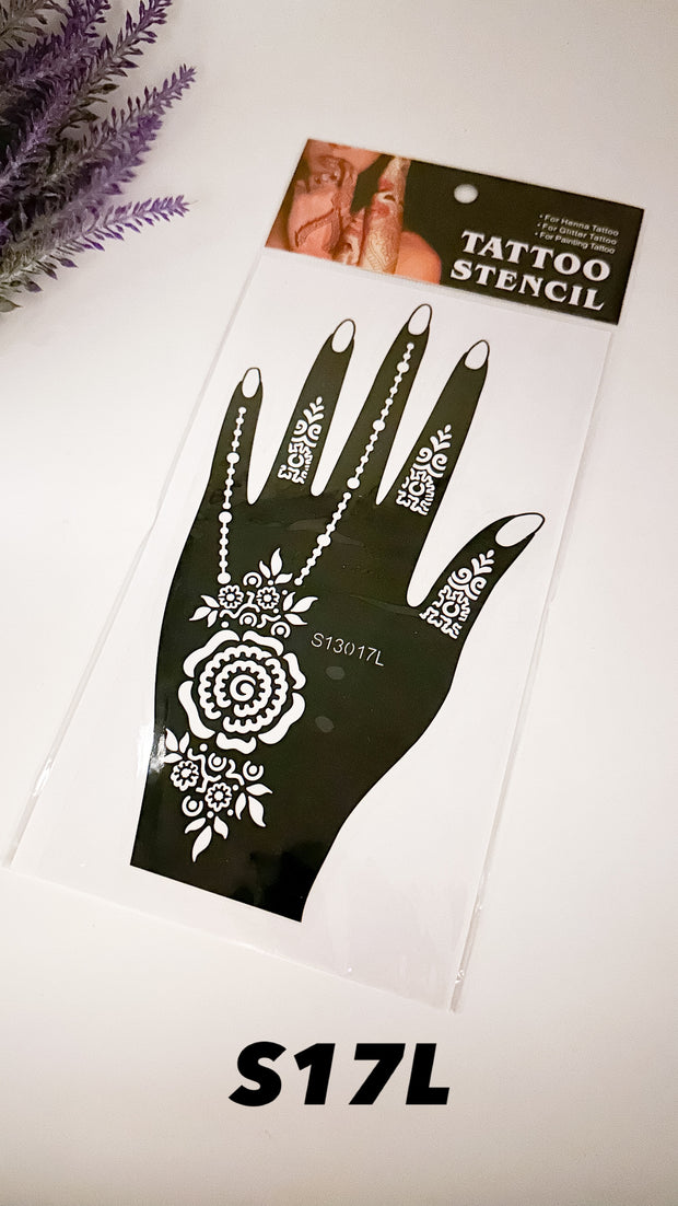 This image shows an Amarya Henna beginner stencil for easy tracing of intricate henna designs. Over ten stencil designs are available for both right and left hands.