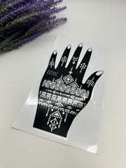 This image shows an Amarya Henna beginner stencil for easy tracing of intricate henna designs. Over ten stencil designs are available for both right and left hands
