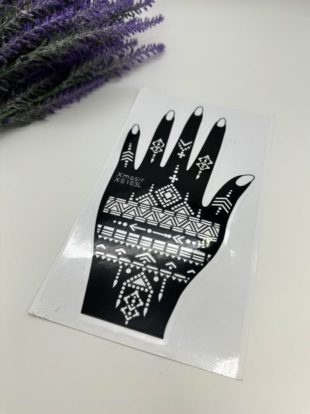 This image shows an Amarya Henna beginner stencil for easy tracing of intricate henna designs. Over ten stencil designs are available for both right and left hands