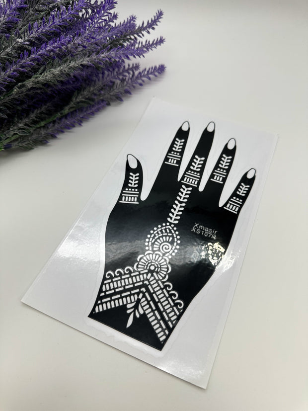 This image shows an Amarya Henna beginner stencil for easy tracing of intricate henna designs. Over ten stencil designs are available for both right and left hands