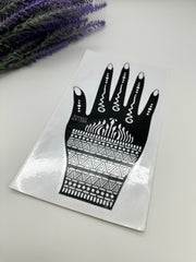 This image shows an Amarya Henna beginner stencil for easy tracing of intricate henna designs. Over ten stencil designs are available for both right and left hands