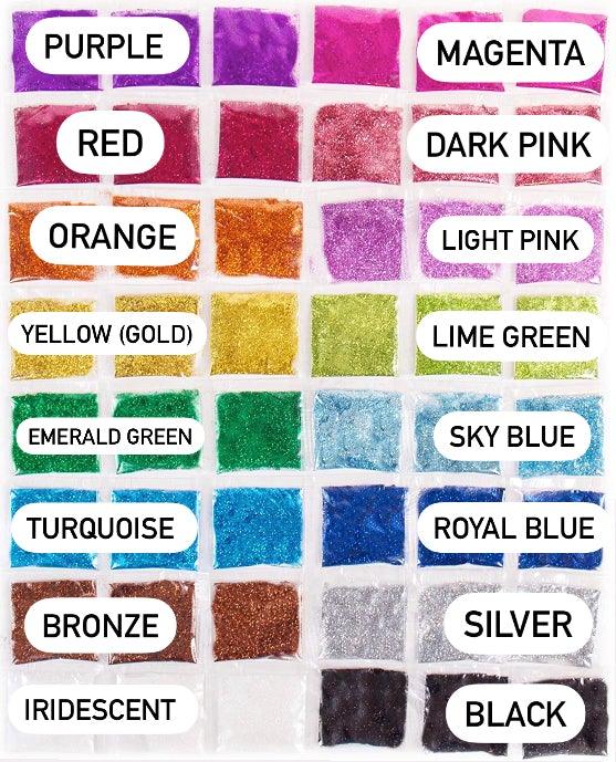 This image shows glitter craft packs for henna designs by Amarya Henna, featuring sixteen different colors.