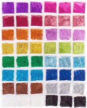 This image shows glitter craft packs for henna designs by Amarya Henna, featuring sixteen different colors