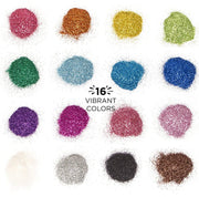 This image shows glitter craft packs for henna designs by Amarya Henna, featuring sixteen different colors.
