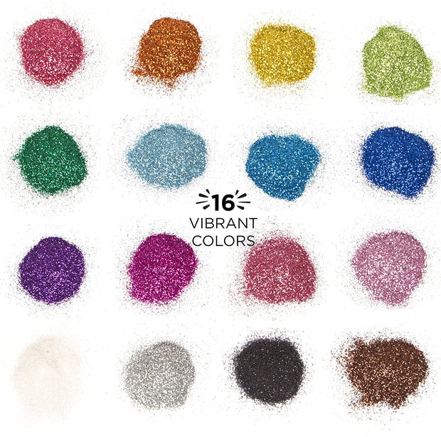 This image shows glitter craft packs for henna designs by Amarya Henna, featuring sixteen different colors.