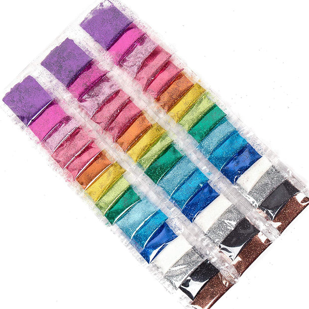 This image shows glitter craft packs for henna designs by Amarya Henna, featuring sixteen different colors