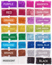 This image shows glitter craft packs for henna designs by Amarya Henna, featuring sixteen different colors.